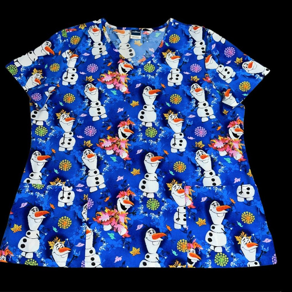 Disney's Frozen II Olaf Leaves Scrub Top Shirt Size 3XL Blue White Nurse Vet